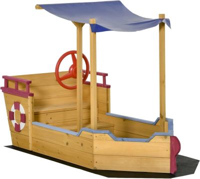 Bac a sable bateau de pirate en bois de sapin avec voile d ombrage et coffre de rangement