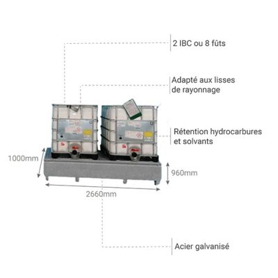 Bac de rétention acier 2 IBC - 1000 litres - 2000kg - MCC1000/2660/960-C