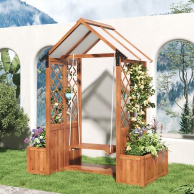 Bac à fleurs en bois marron avec treillis, balancelle et toit PC