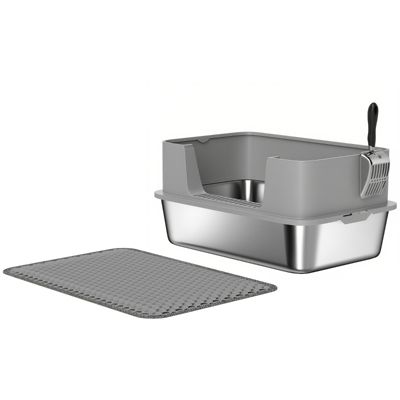 Bac à litière ouvert en acier inoxydable avec pelle et tapis à bords hauts pour chats jusqu'à 7 kg, 60,2 x 40,2 x 29,5 cm, gris.