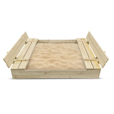 Bac à Sable En Bois 120x120 Cm Avec Bancs - Couvercle Rabattable, Imprégnation Écologique, Géotextile Inclus