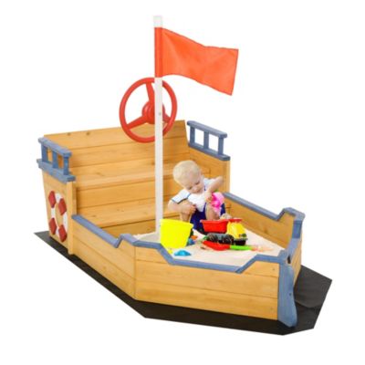 Bac à sable bateau de pirate - banc, coffre rangement, gouvernail, drapeau, bâche - bois sapin pré-huilé