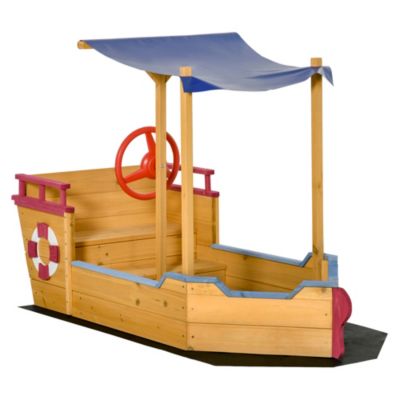 Bac à sable bateau de pirate en bois - voile d'ombrage, coffre rangement, gouvernail - bois sapin pré-huilé