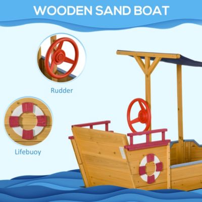 Bac à Sable Bateau Pirate Outsunny - En Bois Avec Voile D'Ombre Et Coffre Rangement - Pour Enfants 3-8 Ans
