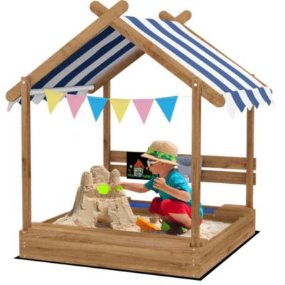 Bac à sable bois forme de maison auvent 2 bacs évier tableau noir fanions