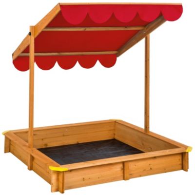 Bac à sable, cabane de jardin enfant avec toit et véranda en bois avec toit réglable rouge