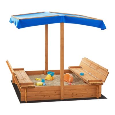 MG Design Bac à Sable En Bois 120 X 120 Cm – Avec Bancs Pliables Et Couvercle – Jeu Extérieur Enfant Jardin