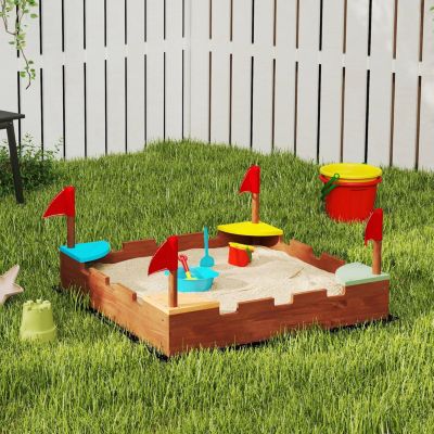 AIYAPLAY Bac à Sable En Bois 90x90x17 Cm – Thème Muraille Avec 4 Sièges Et Drapeaux – Pour Enfants 3-7 Ans – Jeux Extérieurs