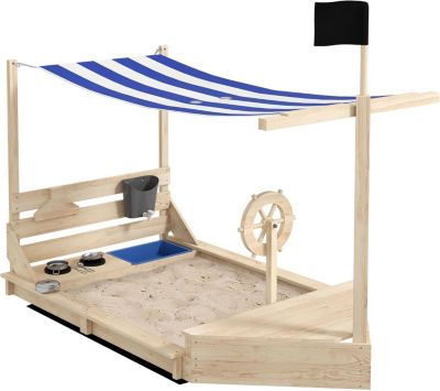 Bac à Sable en Forme de Bateau de Pirate  Avec Jeu de Cuisine et 6 Accessoires  180 x 103 x 144,5 cm