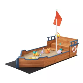 Bac à sable Mestia de forme bâteau en bois avec banc rabattable et drapeau 136 x 193 x 94 cm en.casa