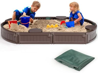 Bac à Sable pour Enfant Rond Ovale Bac à Sable avec 4 Sièges Banc Détachables Anti Poussière Ovale