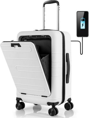 Bagage Cabine, Valise Rigide Légère 4 Roues Pivotantes, Poche Ordinateur, Port USB Type C,Blanc