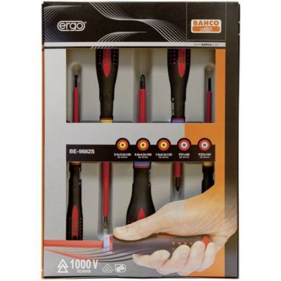 Bahco Ergo BE-9882S Jeu de tournevis isolé 5 pièces pour électricien, fente et Pozidriv