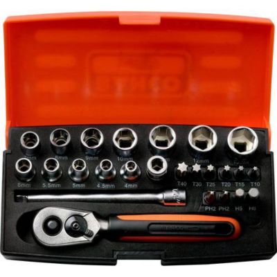 Bahco SL25 - Coffret de douilles et accessoires 25 pièces, profil Dynamic Drive, cliquet 1/4"