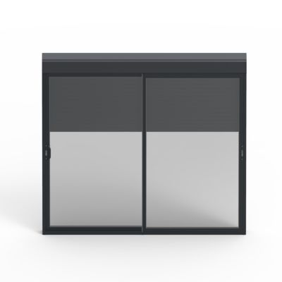 Baie coulissante aluminium gris avec volet roulant électrique intégré motorisation Somfy l.240 x H.200 cm Uw=2
