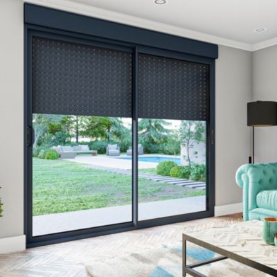 Baie coulissante aluminium gris avec volet roulant électrique intégré motorisation Somfy l.240 x H.200 cm Uw=2