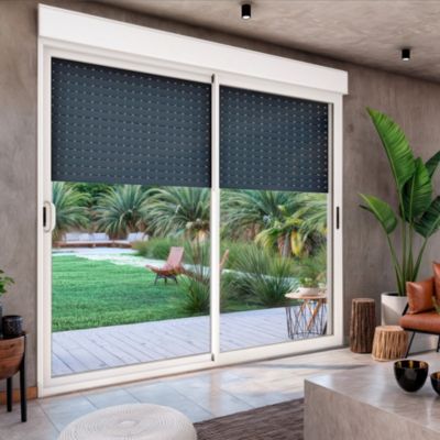 Baie coulissante en aluminium bicolore avec volet roulant électrique intégré motorisation SOMFY l.240 x H.200 cm Uw=2