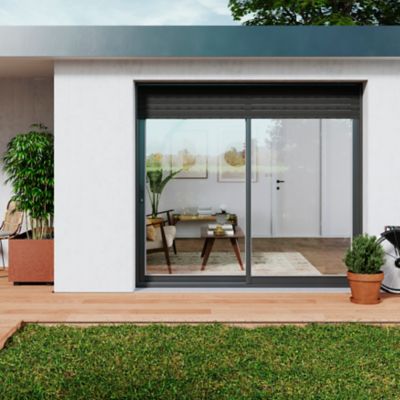 Baie vitrée coulissante alu + volet roulant électrique Goodhome gris - l.180 x h.215 cm - Uw 1,7