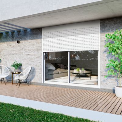 Baie vitrée coulissante aluminium blanc volet roulant radio fréquence 215 x 180 cm, Uw 1,7
