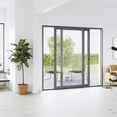 Baie vitrée coulissante PVC GoodHome gris 240 x h.200 cm Uw 1,5