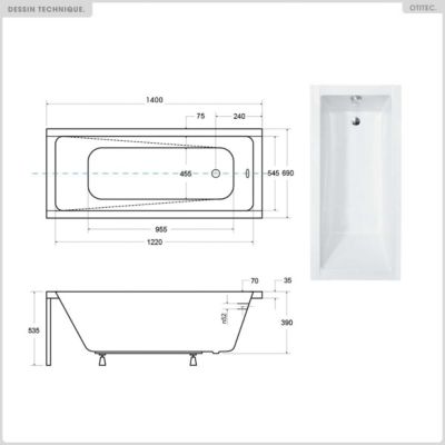 Baignoire 140 x 70 cm avec habillage à carreler et vidage - MODERN SLIM