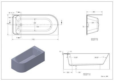 Baignoire adossée pour angle droit 170x75 cm Oguta gris