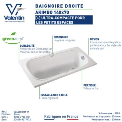 Baignoire Akimbo 140 x 70 cm sans tablier Valentin