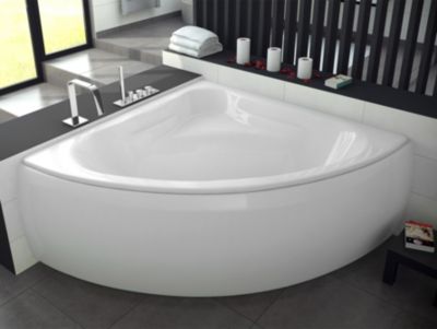 Baignoire asymétrique 120 x 120 MIA acrylique blanc + avec Tablier + Pieds + Vidage à chromé