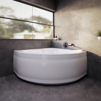Baignoire asymétrique 120 x 120 MIA acrylique blanc + avec Tablier + Pieds + Vidage à chromé