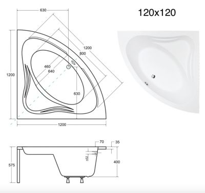 Baignoire asymétrique 120 x 120 MIA acrylique blanc + avec Tablier + Pieds + Vidage à chromé