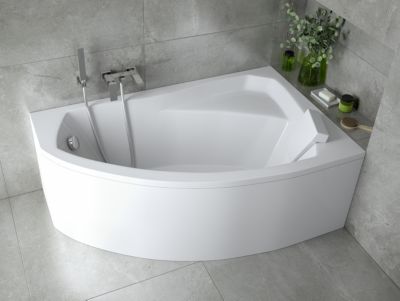 Baignoire asymétrique 130 x 85 Droite RIMA acrylique blanc + avec Tablier + Pieds + Vidage à chromé