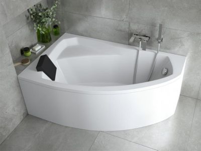 Baignoire asymétrique 130 x 85 Gauche RIMA acrylique blanc + avec Tablier + Repose Tête + Pieds + Vidage à chromé