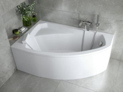 Baignoire asymétrique 140 x 90 Gauche RIMA acrylique blanc + avec Tablier + Repose Tête + Pieds + Vidage à chromé
