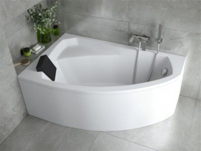 Baignoire asymétrique 140 x 90 Gauche RIMA acrylique blanc + avec Tablier + Repose Tête + Pieds + Vidage à chromé