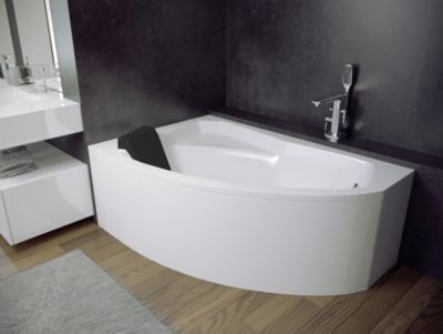 Baignoire asymétrique 140 x 90 Gauche RIMA acrylique blanc + avec Tablier + Repose Tête + Pieds + Vidage à chromé