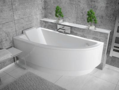 Baignoire asymétrique 150 x 70 Gauche PRAKTIKA acrylique blanc + avec Tablier + Pieds + Vidage à chromé