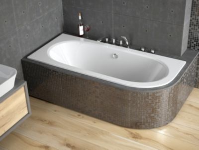 Baignoire asymétrique 150 x 75 Gauche AVITA SLIM acrylique blanc, sans Habillage + Pieds + Vidage à chromé