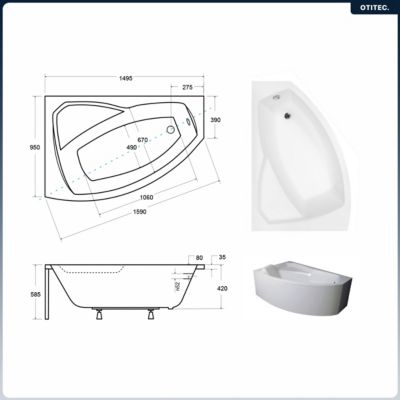Baignoire asymétrique - 150 x 95 cm - Gauche - avec Tablier - Pieds - Vidage Chrome - RIMA