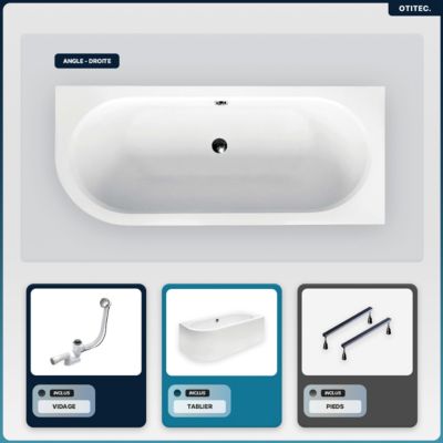 Baignoire asymétrique - 160 x 75 cm - Droite - avec Tablier Blanc - Pieds - Vidage Chrome - AVITA