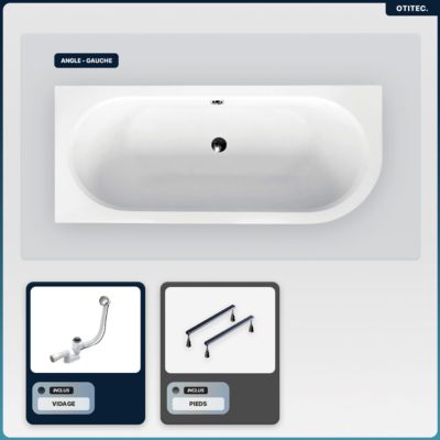 Baignoire asymétrique - 160 x 75 cm - Droite - sans Habillage - avec Pieds - Vidage Chrome - AVITA