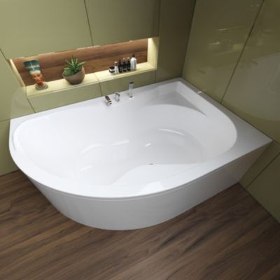 Baignoire asymétrique 170 x 110 Droite DORA acrylique blanc + avec Tablier + Pieds + Vidage à chromé