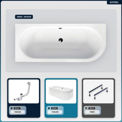 Baignoire asymétrique - 170 x 75 cm - Gauche - avec Tablier Blanc - Pieds - Vidage Chrome - AVITA