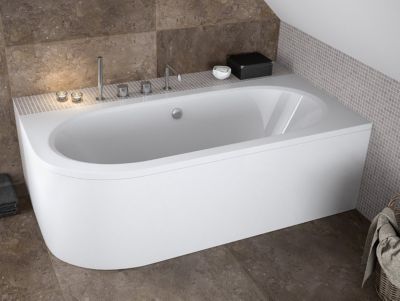 Baignoire asymétrique 170 x 75 Droite AVITA acrylique blanc + avec Tablier + Pieds + Vidage à chromé