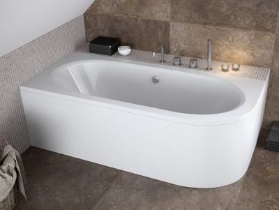 Baignoire asymétrique 180 x 80 Gauche AVITA acrylique blanc + avec Tablier + Pieds + Vidage à chromé