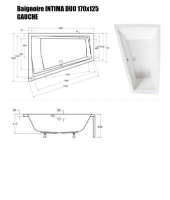 Baignoire Asymétrique sans Tablier - 170 x 125 cm - INTIMA DUO SANS TABLIER - GAUCHE - 2 REPOSE-TÊTES OFFERTS