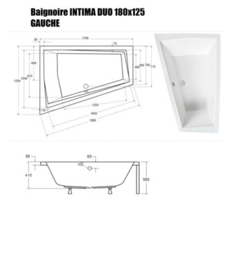 Baignoire Asymétrique sans Tablier - 180 x 125 cm - INTIMA DUO SANS TABLIER - GAUCHE - 2 REPOSE-TÊTES OFFERTS