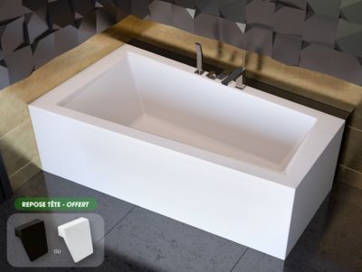 Baignoire asymétrique + tablier blanc + repose tête - INTIMA - 160 x 90 cm - Gauche
