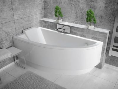 Baignoire asymétrique + tablier blanc + repose tête - PRAKTIKA - 140 x 70 cm - Gauche