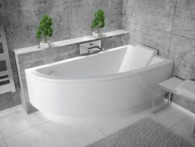 Baignoire asymétrique + tablier blanc + repose tête - PRAKTIKA  - 150 x 70 cm - Droite