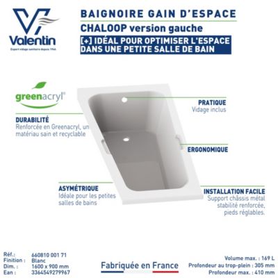 Baignoire asymétrique angle gauche Chaloop L.160 x l.90 cm sans tablier Valentin